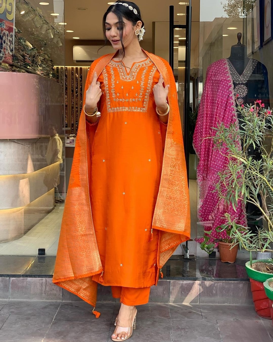 Women's Chanderi Viscose Embroidered Straight Kurta with Pant and Dupatta Set