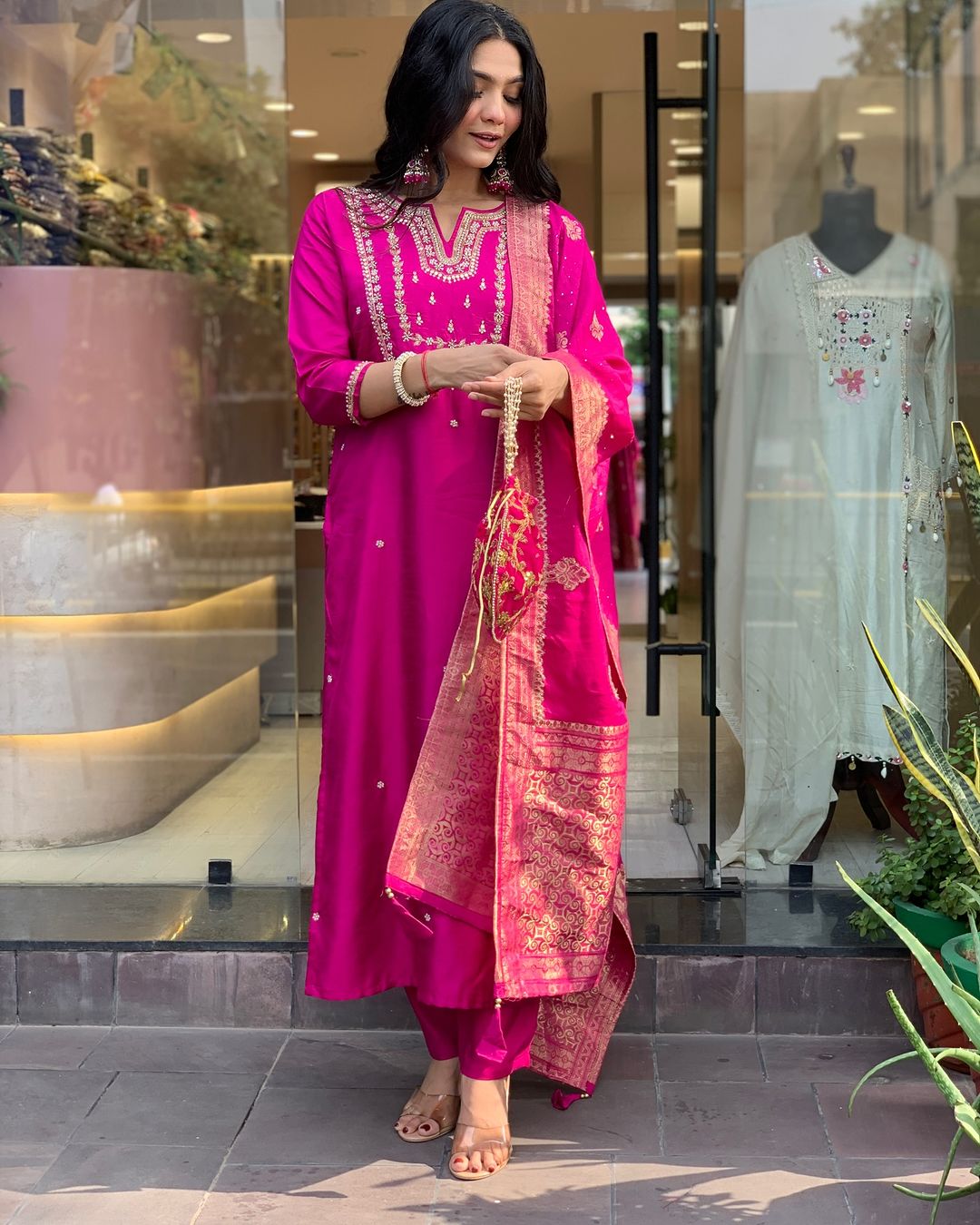Women's Chanderi Viscose Embroidered Straight Kurta with Pant and Dupatta Set