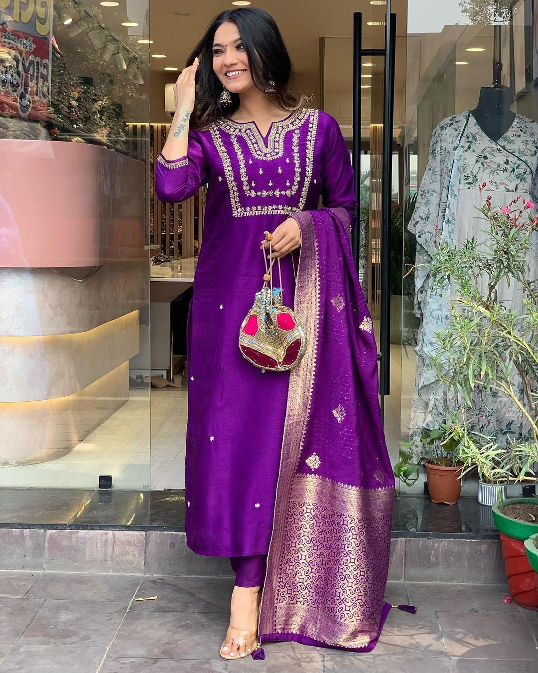 Women's Chanderi Viscose Embroidered Straight Kurta with Pant and Dupatta Set