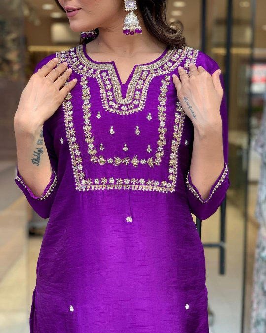 Women's Chanderi Viscose Embroidered Straight Kurta with Pant and Dupatta Set
