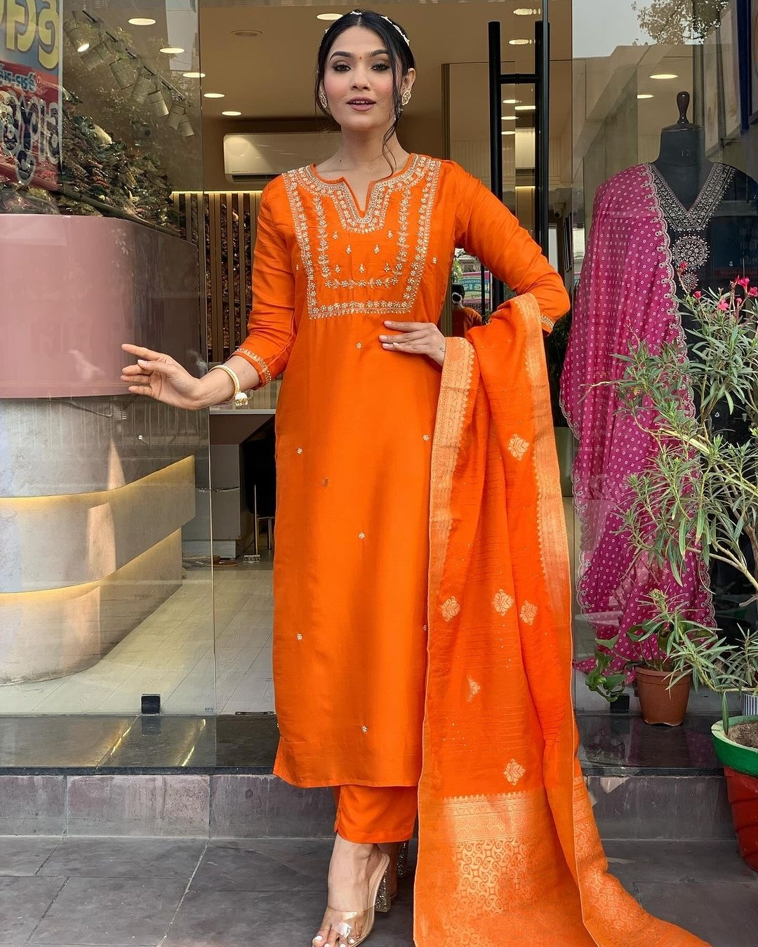 Women's Chanderi Viscose Embroidered Straight Kurta with Pant and Dupatta Set