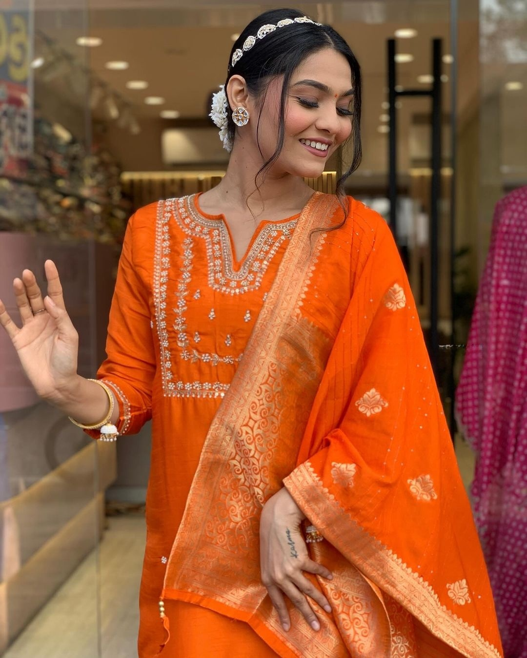 Women's Chanderi Viscose Embroidered Straight Kurta with Pant and Dupatta Set