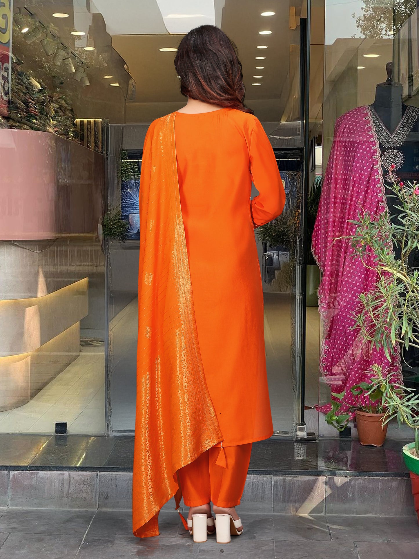Women's Chanderi Viscose Embroidered Straight Kurta with Pant and Dupatta Set