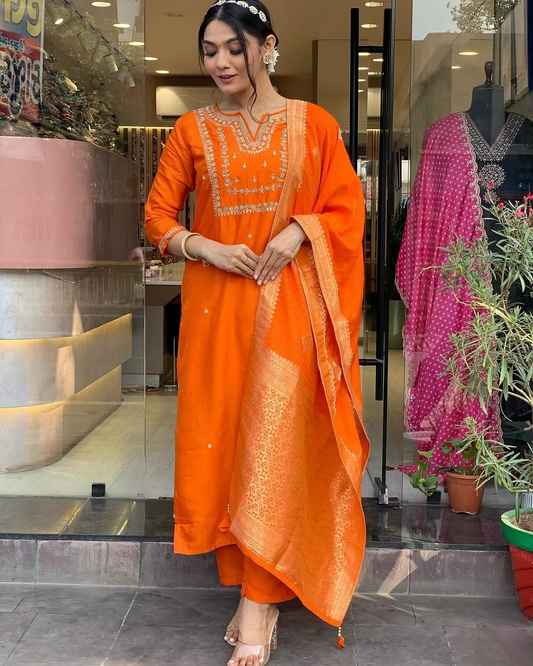 Women's Chanderi Viscose Embroidered Straight Kurta with Pant and Dupatta Set