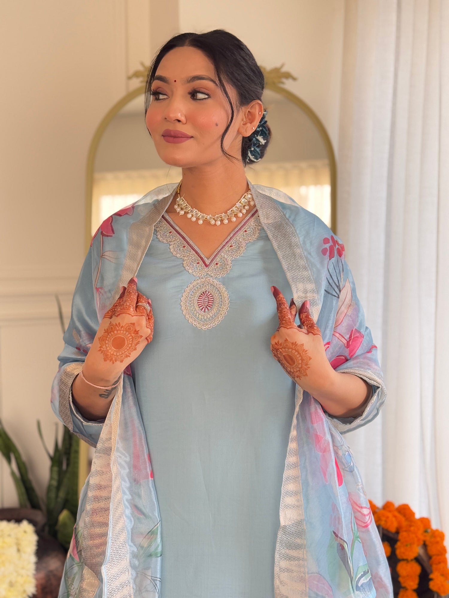 Women's Roman Silk Embroidered Straight Kurta with pant and dupatta sets